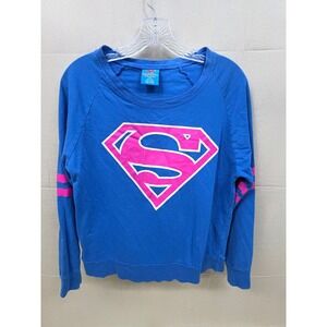 Superman DC Comics Blue Graphic Sweatshirt Pink Shield Logo Raglan Sleeve M 7/9